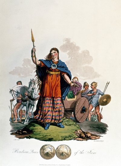 Boadicea, Queen of the Iceni, designet av C.H.S., gravert av Richard Havell den eldste, utgitt 1815 (akvatint) av English School