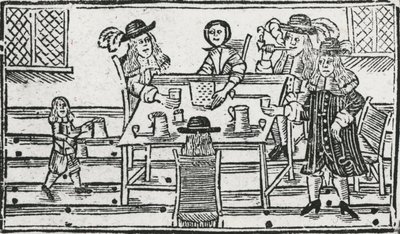 Boardgame and drinking at tavern (woodcut) av English School