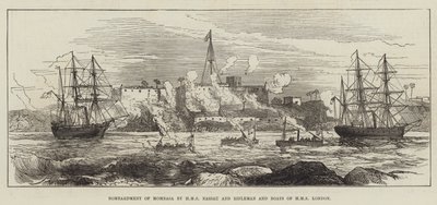 Bombardement av Mombasa av HMS Nassau og Rifleman and Boats of HMS London (gravering) av English School
