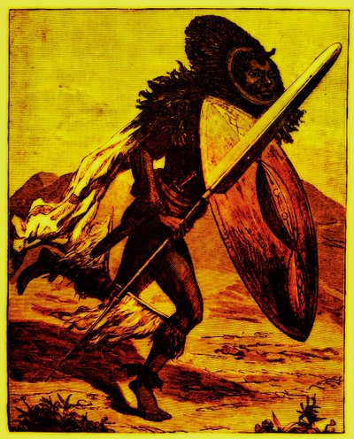 Bongo warrior, illustrasjon fra The Story of Man av JW Buel, utgitt 1889 (digitalt forbedret bilde) av English School