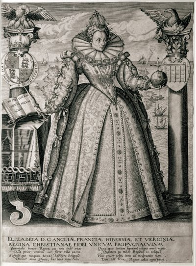 Bokfronten som feirer dronning Elizabeths lykkelige og velstående regjeringstid, 1596 av English School