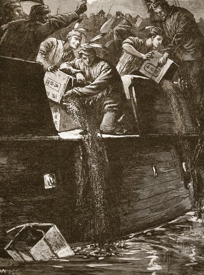 Boston-#39;gutter#39; forkledd som indianere som kaster tekistene i havnen, illustrasjon fra #39;Cassell#39;s Illustrated History of England#39; (gravering) (sepiafoto) av English School