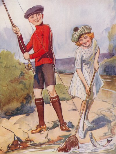 Gutt og jente som fanger en fisk (fargelitografi) av English School