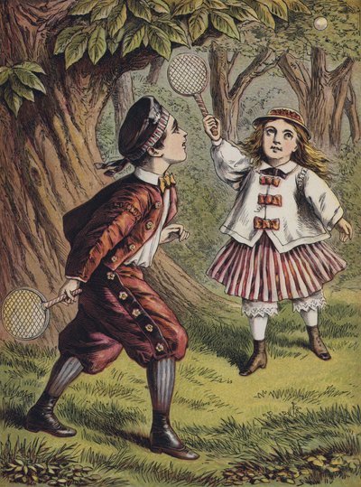 Gutt og jente leker med balltre og ball (fargelitografi) av English School