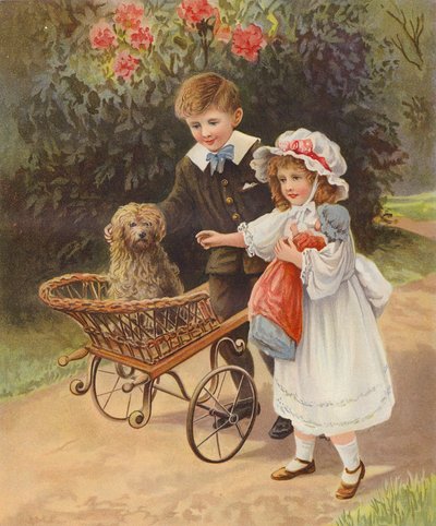 Gutt og jente som skyver hunden sin i en vogn (chromolitho) av English School