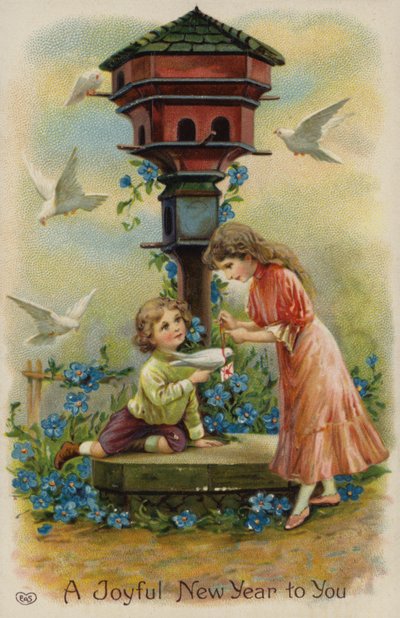 Gutt og jente sender julehilsener med due (chromolitho) av English School