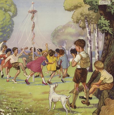Gutt som filmer barn som danser rundt en mai-pol (farge litho) av English School
