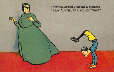 Gutt utfører gymnastikk til tantes bestyrtelse (farge litho) av English School