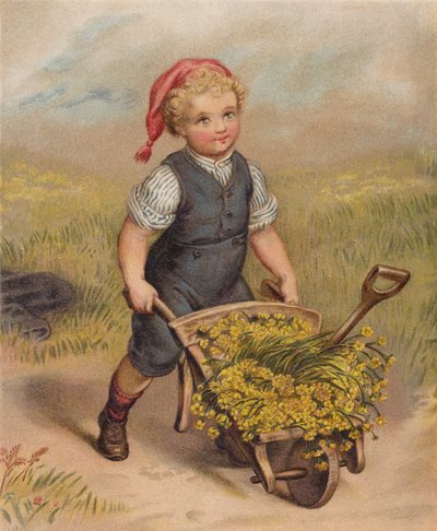 Gutt som skyver en trillebår full av blomster (chromolitho) av English School