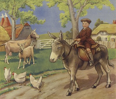 Gutt som rir på et esel på det engelske landskapet (farge litho) av English School
