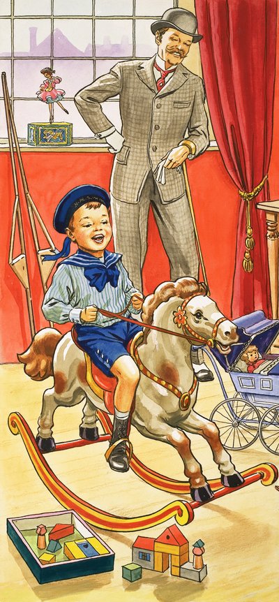 Junge reitet auf einem Schaukelpferd von English School