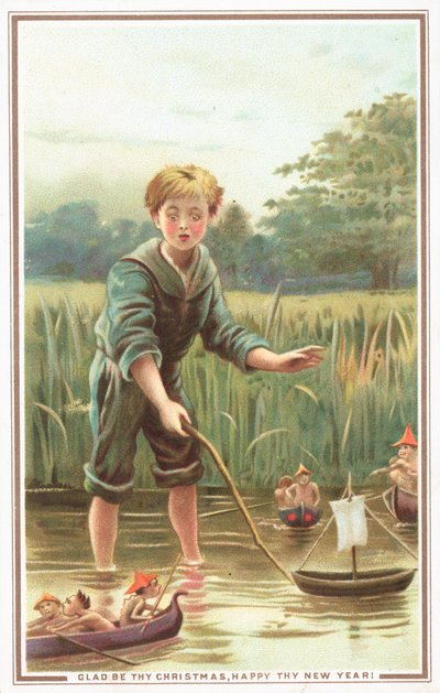 Guttseilbåt og ser på Pixies, julekort av English School