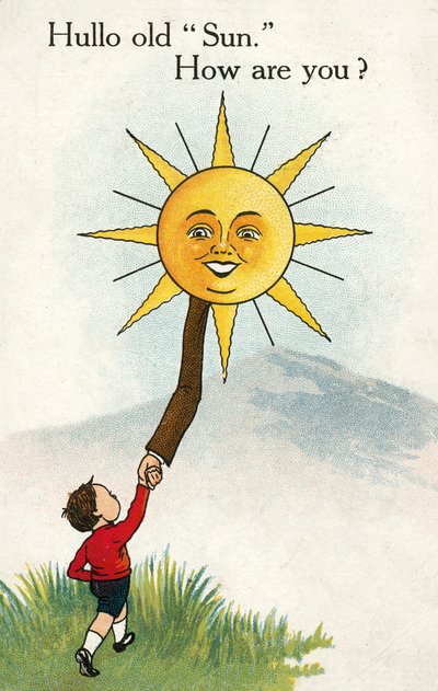 Gutt som sier hei til solen (fargelitografi) av English School