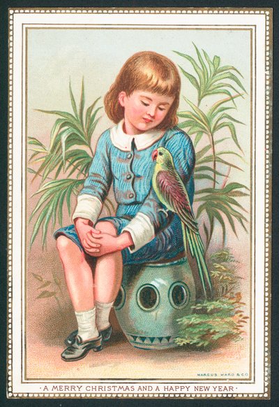 Junge sitzt mit exotischem Vogel auf dem Arm, Weihnachtskarte von English School