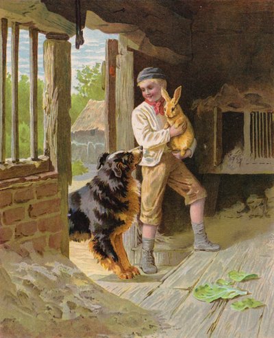 Gutt med en hund og en kanin på en gård (chromolitho) av English School