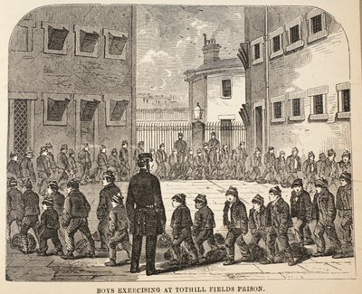 Gutter som trener i Tothill Fields Prison, illustrasjon fra The Criminal Prisons of London og Scenes from Prison Life av Henry Mayhew og John Binny, pub. 1862 av English School