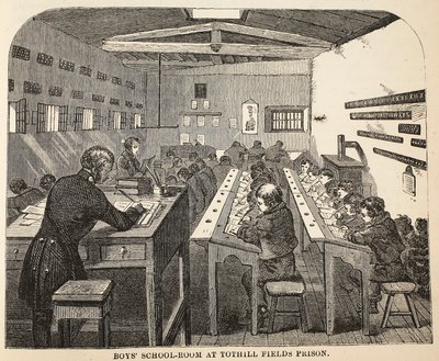 Gutteskolerom i Tothill Fields Prison, illustrasjon fra The Criminal Prisons of London og Scenes from Prison Life av Henry Mayhew og John Binny, pub. 1862 av English School
