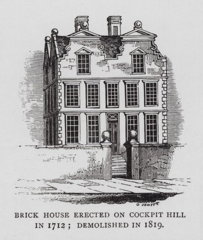 Brick House reist på Cockpit Hill i 1712; revet i 1819 (gravering) av English School