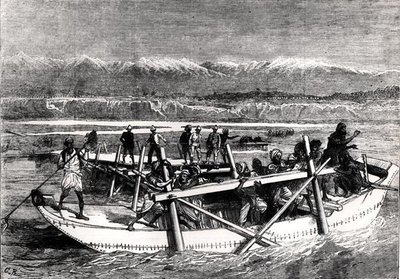 Bygger bro over Kabul-elven ved Jellalabad (gravering) (s/hvitt-bilde) av English School