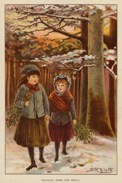 Bringing Home the Holly (farge litho) av English School