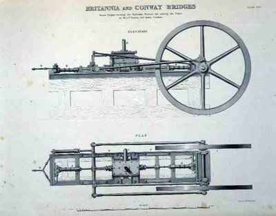 Britannia og Conway Bridges: Steam Engine Working the Hydraulic Presses for Raising the Tubes, av Mrs Easton og Amos fra London (litho) av English School