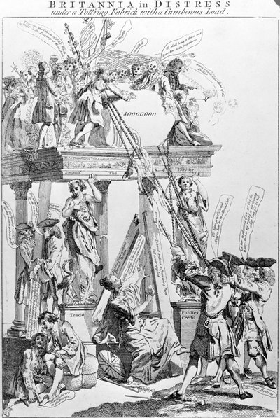Britannia in Distress Under a Tottring Fabrick med en tungvint last, ca 1756 av English School