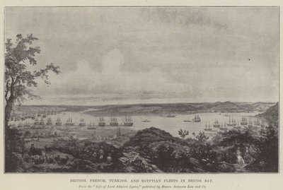 Britiske, franske, tyrkiske og egyptiske flåter i Beicos Bay (litho) av English School