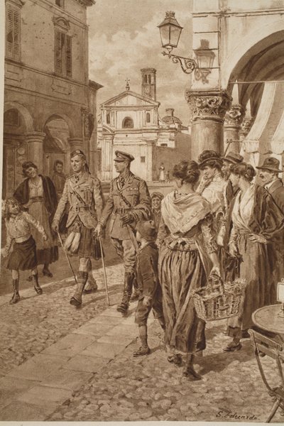 Britiske høylandere ønsket velkommen i en fransk by, 1914-19 av English School