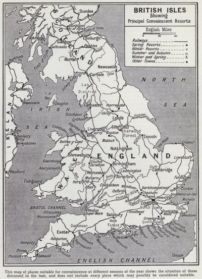 De britiske øyer, viktigste rekonvaleserende feriesteder (litho) av English School
