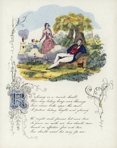 Britisk Valentine-kort med et bilde av en mann og en kvinne i en hage med en kjerub av English School