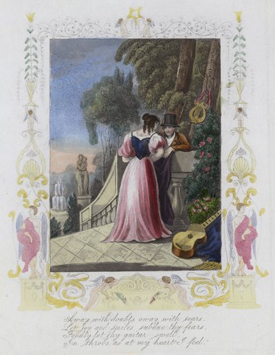 Britisk Valentine-kort med et bilde av en mann og en kvinne som står på en hageterrasse av English School