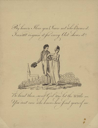 Britisk Valentine-kort med et bilde av en mann og kvinne som går arm i arm av English School