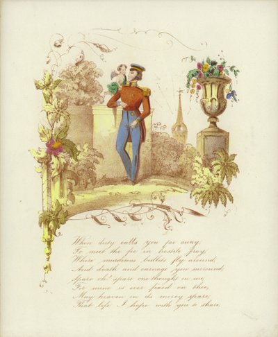 Britisk Valentine-kort med et bilde av en soldat med en kjerub på skulderen av English School