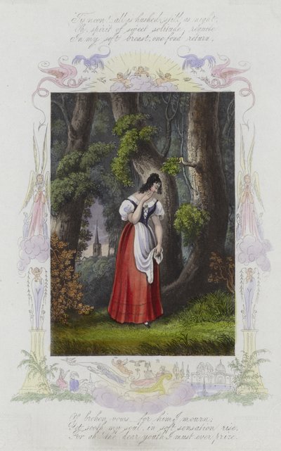 Britisk Valentine-kort med et bilde av en kvinne som står blant en gruppe trær av English School