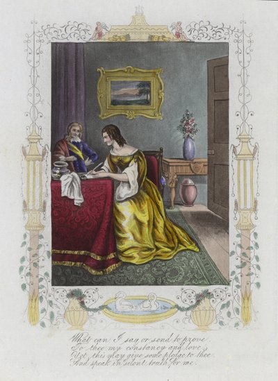 Britisk Valentine-kort med et bilde av en kvinne som skriver et brev ved et skrivebord av English School