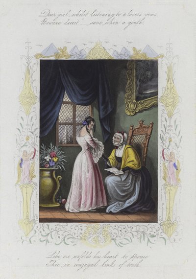 Britisk Valentine-kort med et bilde av en ung kvinne som står foran en eldre kvinne av English School