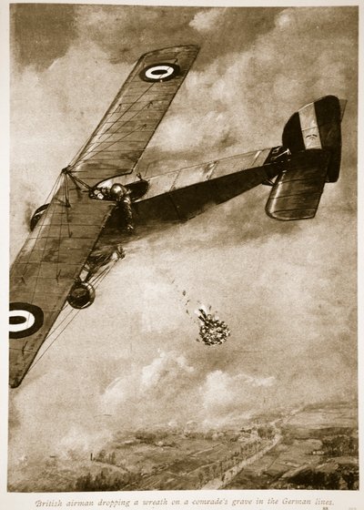 Britisk flyver som slipper en krans på en kameratgrav i de tyske linjene, 1914-19 av English School