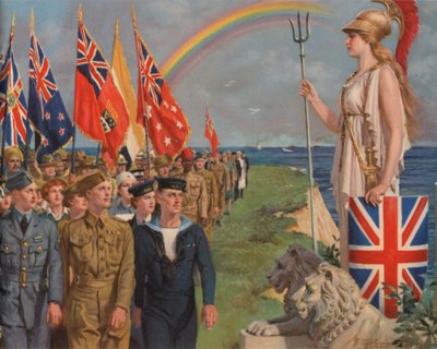Britisk og imperiets militært personell og sivile involvert i krigsinnsatsen som paraderte før Britannia (farge litho) av English School