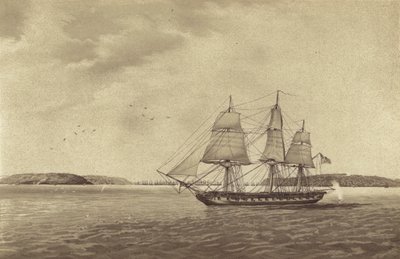 Den britiske fregatten HMS Fisgard, kommandert av kaptein Thomas Byam Martin, rekognoserer utenfor Brest, Frankrike (litografi) av English School