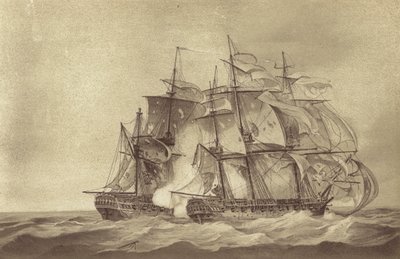 Den britiske fregatten HMS Santa Margarita, kommandert av kaptein Thomas Byam Martin, fanget den franske fregatten Thames, juni 1796 (litho) av English School