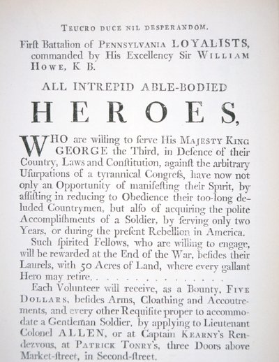 Britisk rekrutteringsplakat for First Battalion of Pennsylvania Loyalists, under den amerikanske revolusjonskrigen (gravering) av English School
