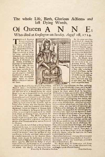 Broadside publisert ved dronning Annes død, søndag 1. august 1714 (trykk og tresnitt) av English School