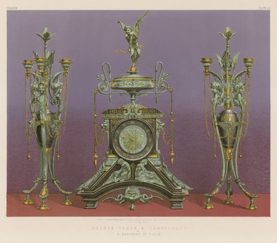 Bronseklokke og kandelaber av M Marchand fra Paris (chromolitho) av English School