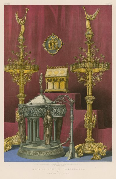 Bronsefont og kandelaber av Bachelet av Paris (chromolitho) av English School
