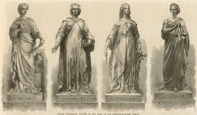 Bronseallegoriske statuer på pilarene til Farringdon Street Bridge (gravering) av English School