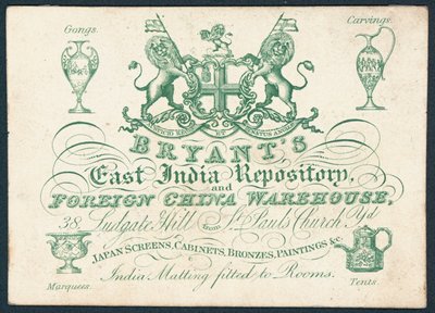 Bryants, East India Repository og utenlandsk Kina-lager, handelskort av English School