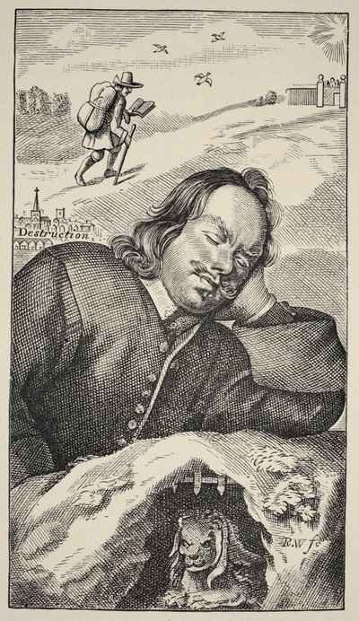 Bunyans Dream, frontispice av The Pilgrims Progress av John Bunyan (1628-88), 4. utgave, pub. 1680 (sepia-bilde) av English School