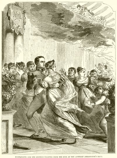Buonaparte og keiserinnen rømmer fra brannen på det østerrikske ambassadørballet av English School