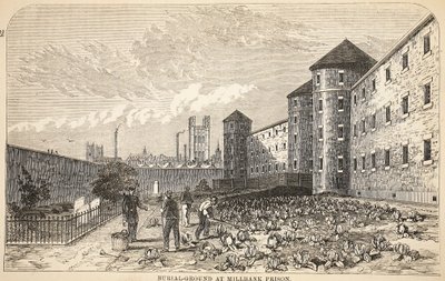 Gravplass ved Millbank Prison, illustrasjon fra The Criminal Prisons of London og Scenes from Prison Life av Henry Mayhew og John Binny, pub. 1862 av English School