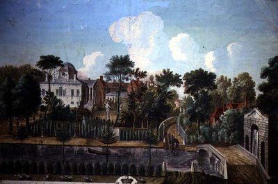 Burlington House, Chiswick, designet av William Kent (1685-1748) 1725-36 (fargegravering) av English School
